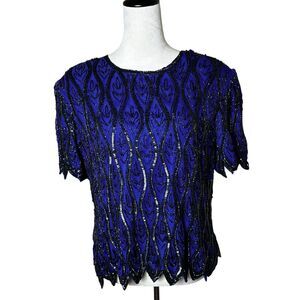 Vintage Sténay 100% Silk Beaded Sequin Top | Size L | Art Deco 80s Party Glam
